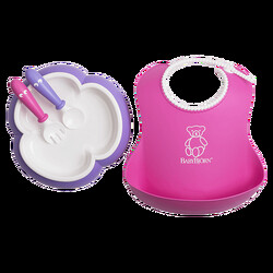 Babybjorn. Детский набор посуды: тарелка, приборы, нагрудник (сиреневый/розовый),4мес+ (78046)