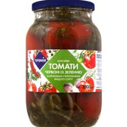 Премія. Томати червоні мариновані із зеленню 1000гр   (4823096412375)
