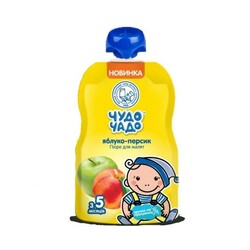 Чудо-чадо. Пюре "Яблуко, персик" з цукром,(М'ЯКА ПАЧКА) 5 мес+, 90 р.(253636)