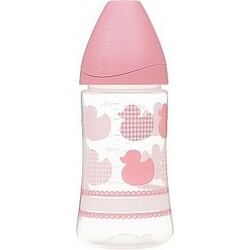 Suavinex. Бутылочка "Истории малышей", 270 мл, силиконовая соска, средний поток, розовая  (842642004