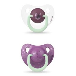 Suavinex. Набір пустушок анатомічних Котик 6-18 місяців нічна Фіолетовий з білим 2 шт (8426420070