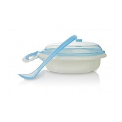 Nuby. Двухсекционная тарелка с крышкой, держателем и ложкой, 4мес+ (5312)