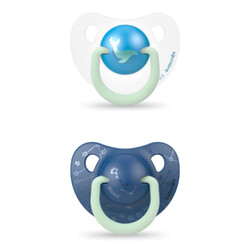 Suavinex. Набір пустушок анатомічних Кіт 6-18 місяців нічна Синій з білим 2 шт(8426420070423)