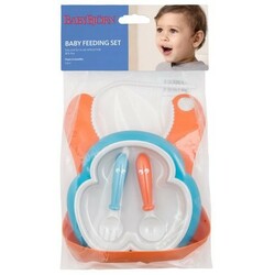 Babybjorn. Детский набор посуды: тарелка, приборы, нагрудник (оранжевый-бирюзовый),4мес+ (78082)