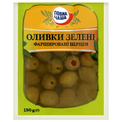 Повна Чаша. Оливки зеленые фаршированные перцем 180 гр (4824034050406)