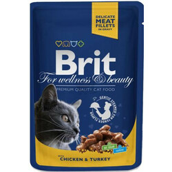 Brit. Рremium Cat (пауч) Кусочки в соусе с КУРИЦЕЙ и ИНДЕЙКОЙ для кошек  100г. (8595602506019)