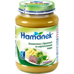 Hame. Мясное пюре Hamenek "Говядина с брокколи и картофельным пюре", 5 мес+ 190 г  (8595139795443)