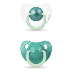 Suavinex. Набір пустушок анатомічних Ведмедик 6-18 місяців нічна  Зелений з білим 2 шт (842642007044