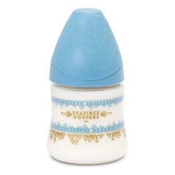 Suavinex. Бутылочка Couture круглая соска, медленный поток Голубая 150 мл (8426420045698)