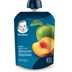 Gerber. Пюре "Яблоко и персик", 90 г (мягк. упак.) 6 мес+ (7613036345460))