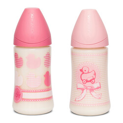 Suavinex.Бутылочка, 270 мл, анатомическая соска средний поток, "Истории малышей"/розовый (304381/1)