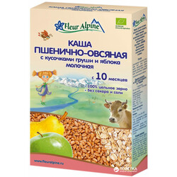 Fleur Alpine. Каша молочная пшенично-овсяная с кусочками груши и яблока, от 10 мес. 200г (002754)