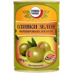 Оливки Повна Чаша. Зелені фарширують лососем пастер 290г. (4824034050468)
