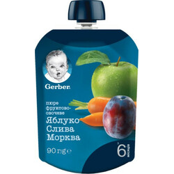 Gerber. Фруктово-овощное пюре "Яблоко, слива, морковь" (мягкая пачка) 90г. 6 мес+ (345903)