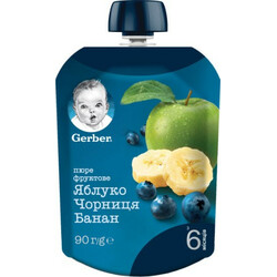 Gerber. Фруктовое пюре "Яблоко, черника, банан" (мягкая пачка) 90г. 6 мес+ (345880)