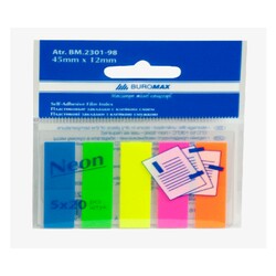 Buromax. Закладки пластиковые NEON, JOBMAX, с клейким слоем, 45x12 мм, 5 цв. по 20 л.(4823078916921)