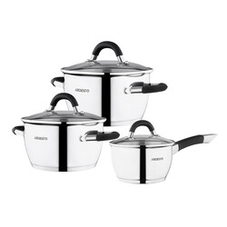 Набор посуды ARDESTO Gemini Livorno со сливом, 6 пред., ручки с серым силиконом, нержавеющая сталь