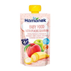 Фруктовое пюре Hamanek "Яблоко с персиком и бананом" 4 мес+ 120г (783945)