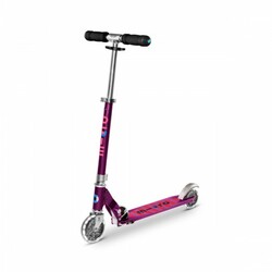 Самокат MICRO серии "Sprite LED" – ФИОЛЕТОВЫЙ (складной, дека в полосочку, до 100 kg, 2-х колесный)